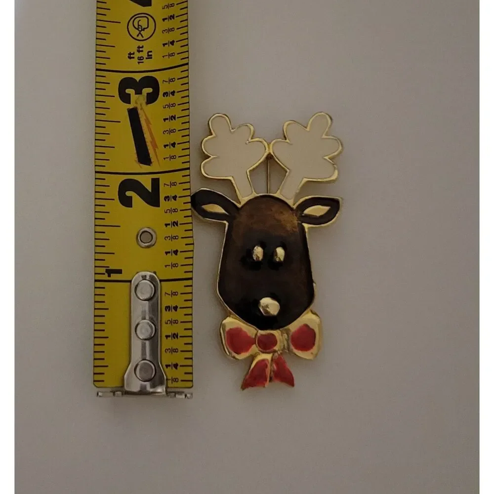 Festive Gold Tone Enameled Brown Reindeer Pin White Antlers Red Bow